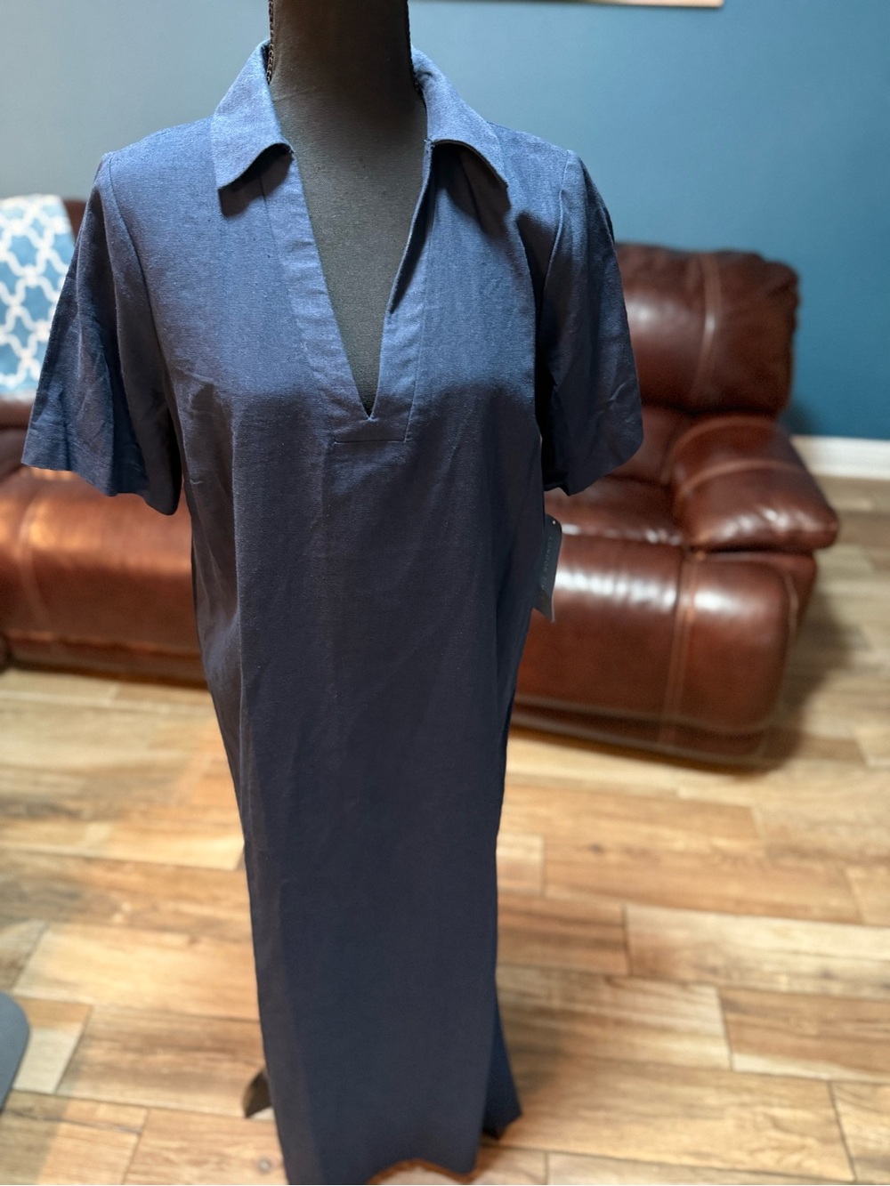 London Times Navy Blue Maxi Dress with V-Neck Collar